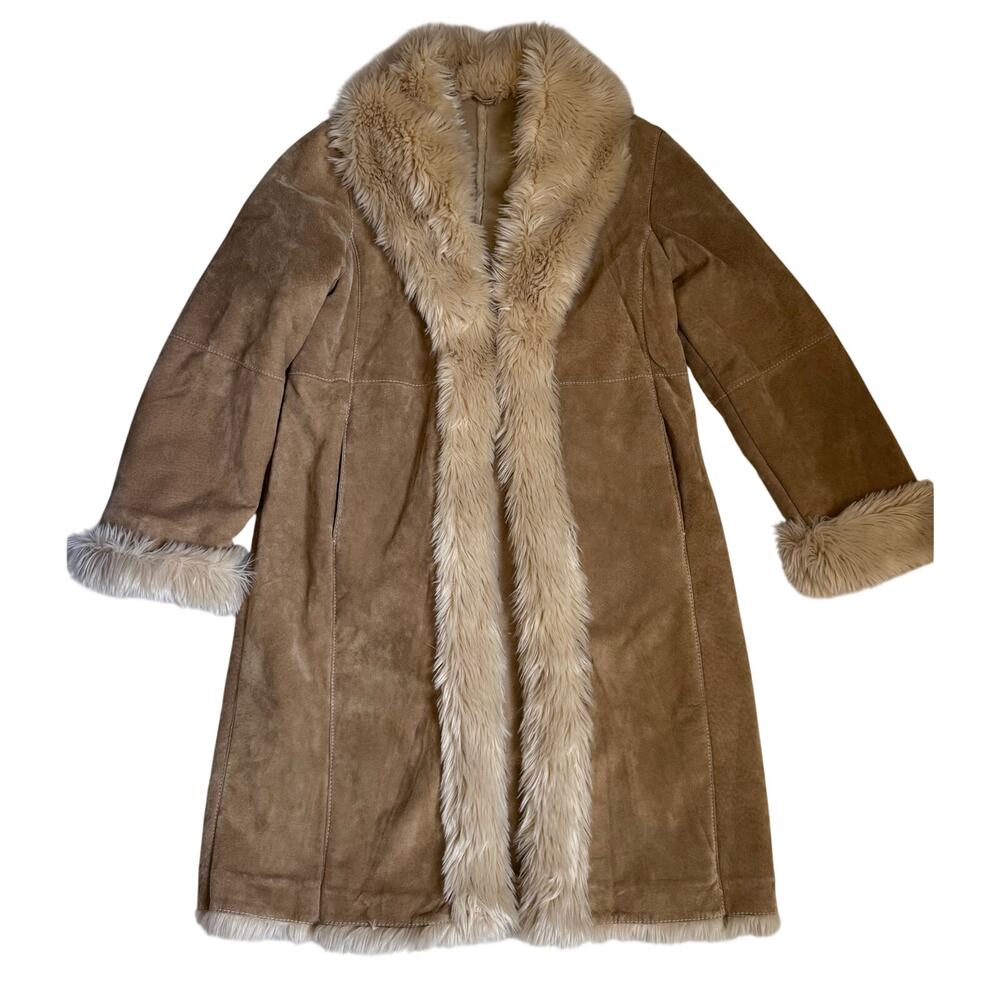 Wilson's Leather Penny Lane Coat Women Large Tan Suede Faux Fur Boho Vintage Y2K